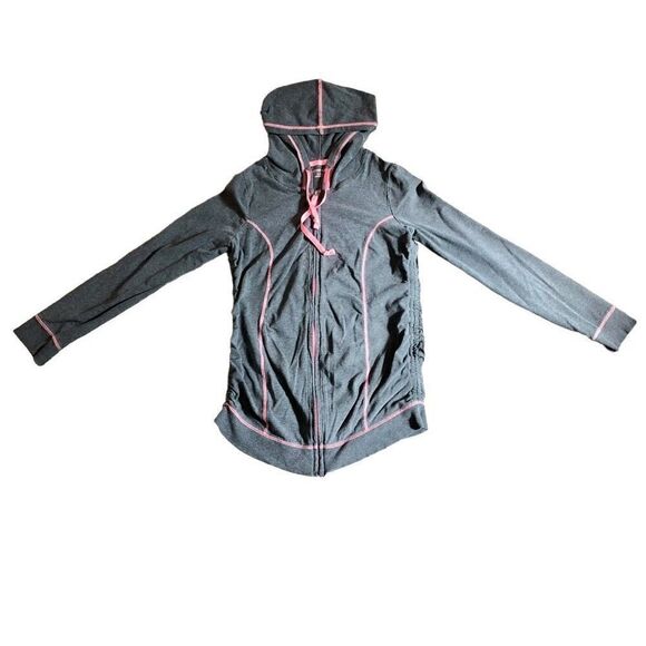 Motherhood Maternity Gray Pink Hoodie Zip Up Ruching Side Jacket Medium - Picture 1 of 9